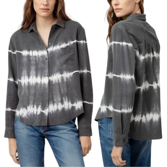 Rails Ingrid Raw Hem Casual Button Down Shirt XS Coal White Waves Grey White - Picture 1 of 15